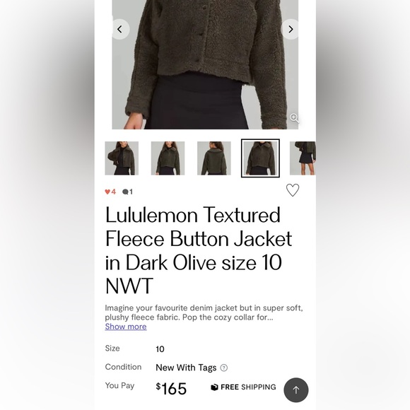 Lululemon Textured Fleece Button Jacket in Dark Olive Size 10 - Picture 14 of 14